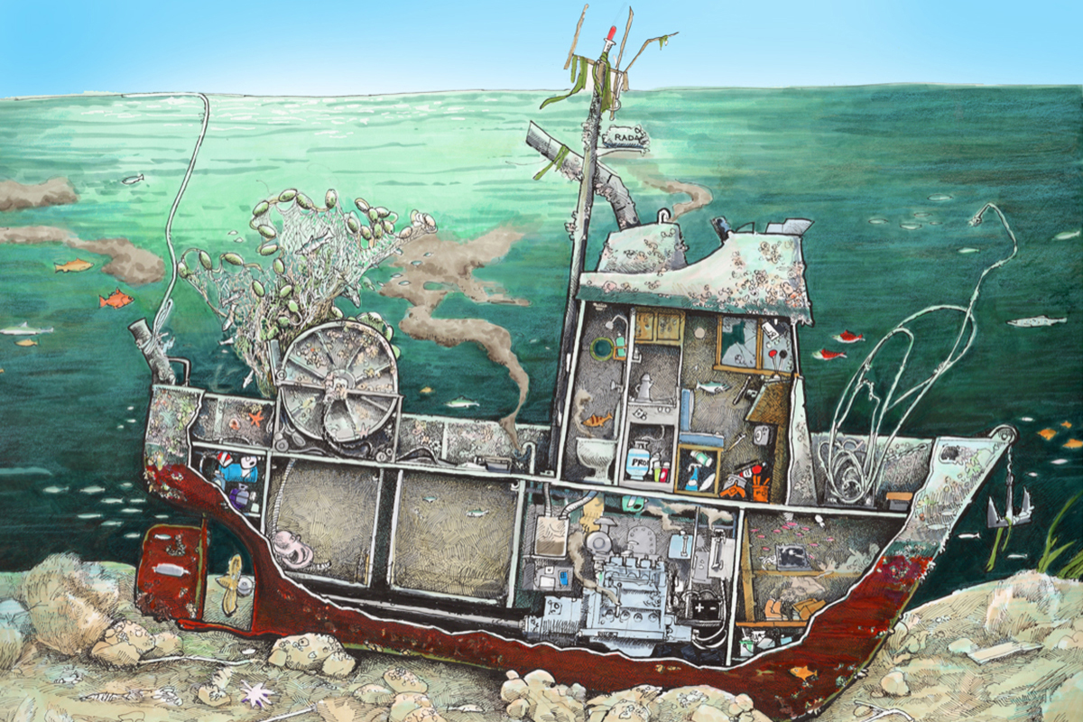A drawing of a derelict vessel on the sea floor with a cut out depicting various hazardous materials inside. 