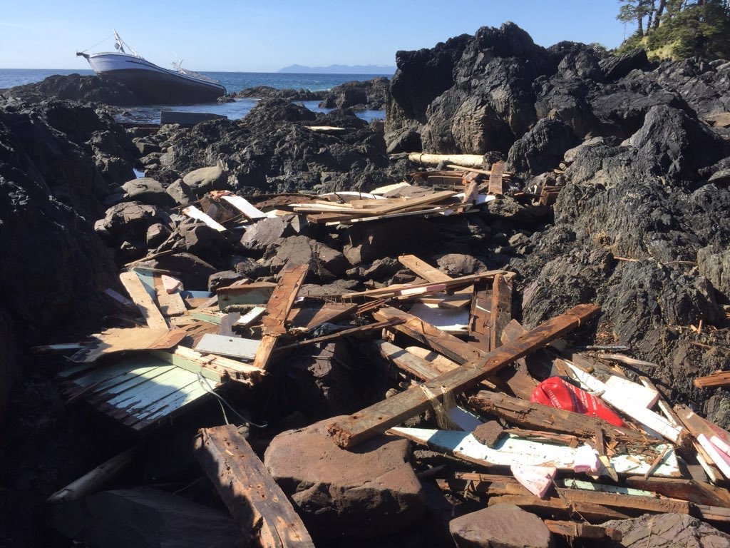Debris on a rocky shoreline with a vessel in the background.