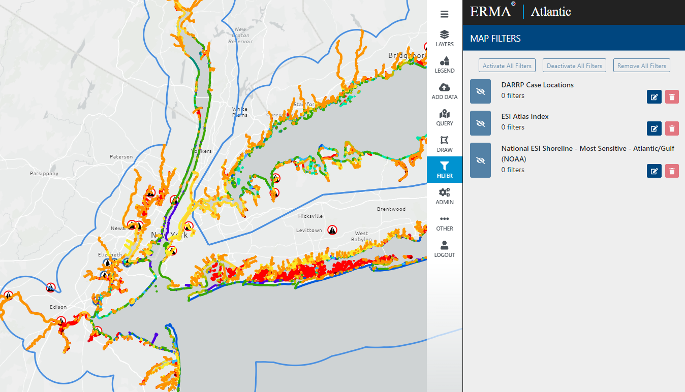 Screen capture: The ERMA dashboard of the map filtering feature which shows map data with the three different filters removed: National ESI Marsh Shoreline, ESI Atlas Index of New York/Long Island area, and oil spill cases in DARRP locations.