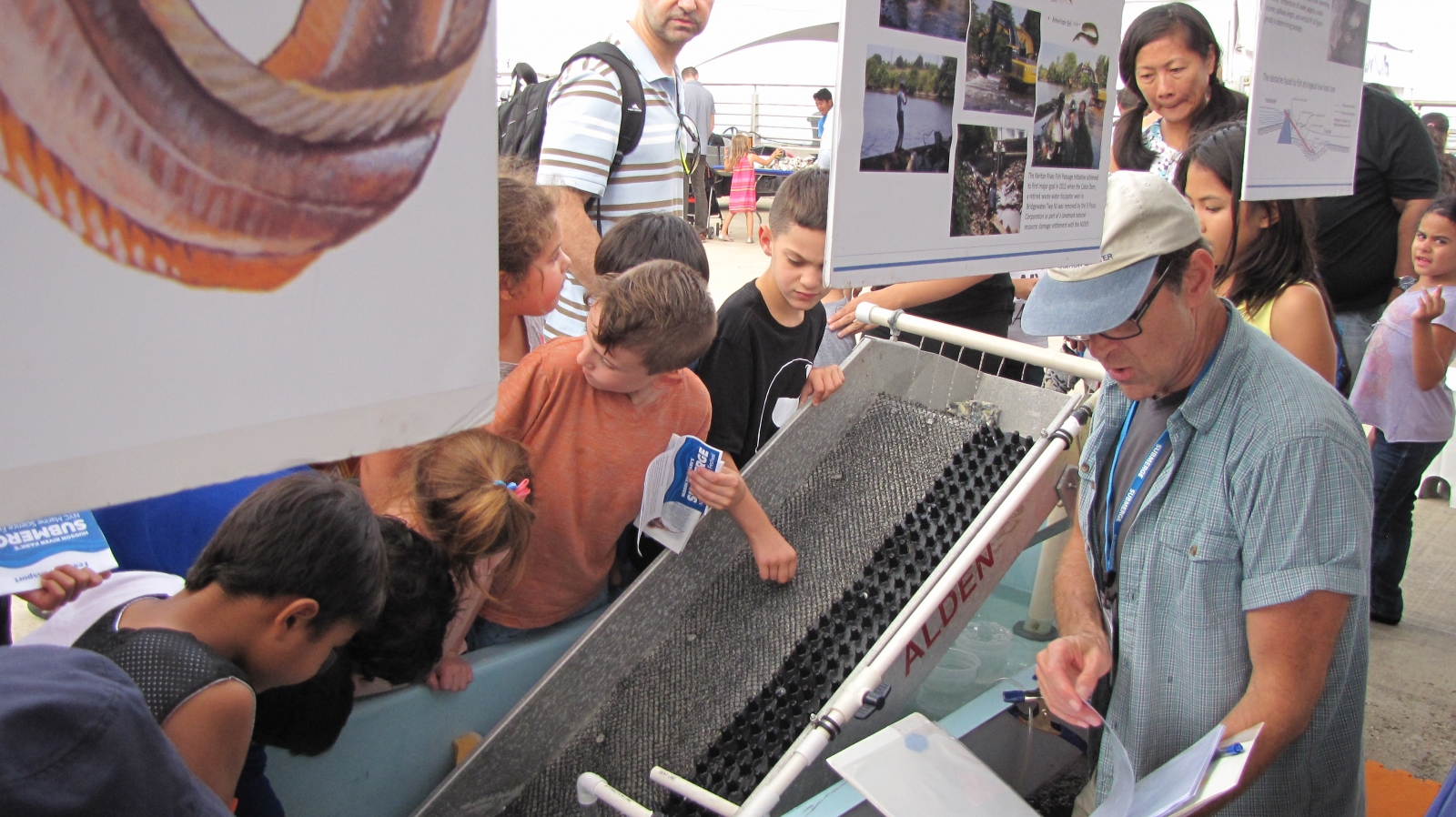 A group of people around a demonstration table with an eel ladder. 