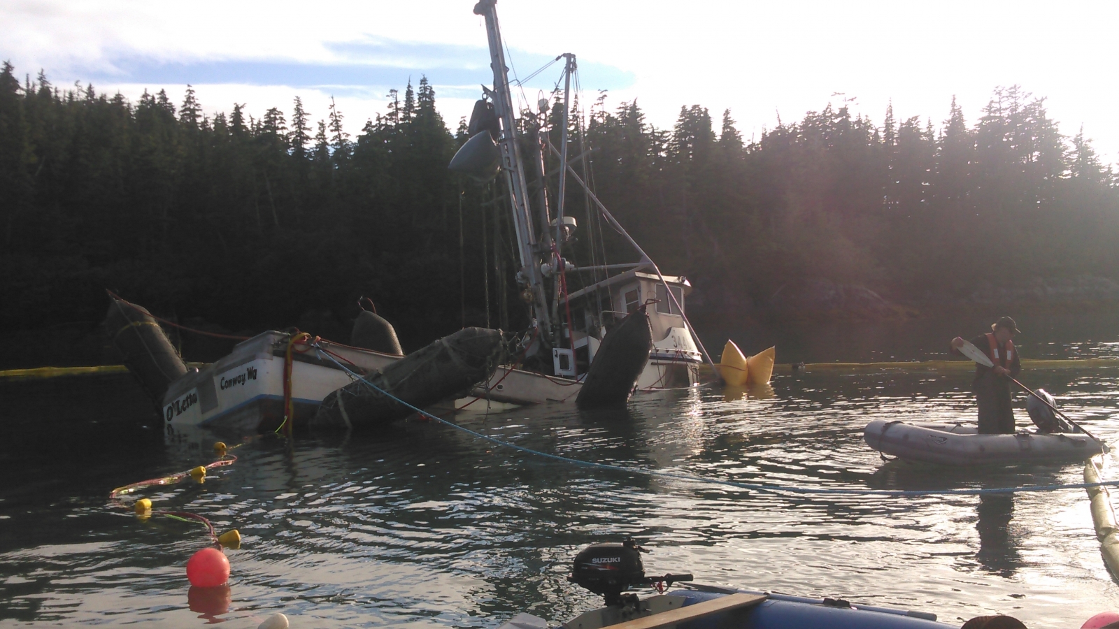 A vessel on its keel being refloated. 