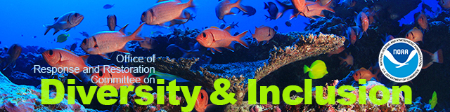 A banner photo that reads "Office of Response and Restoration Committee on Diversity & Inclusion" with a variety of fish in the background. 