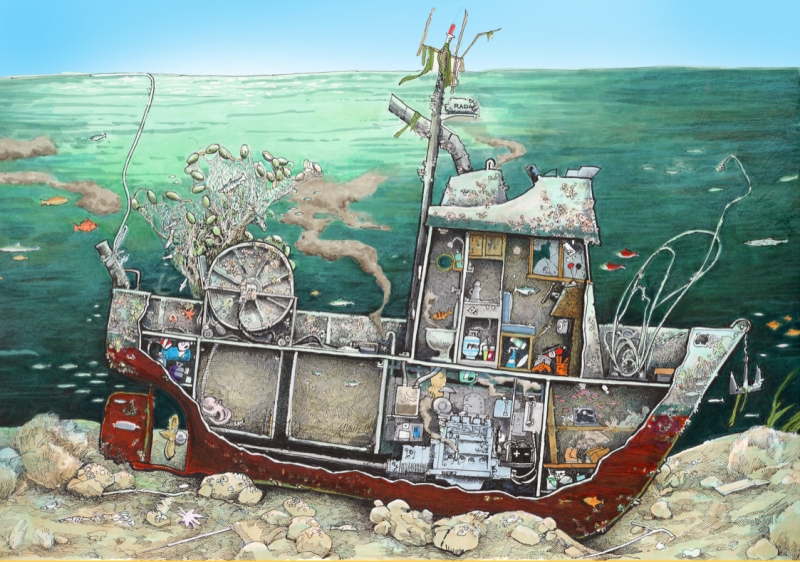 An illustration of a sunken vessel with a cutaway showing the various materials inside of the vessel. 
