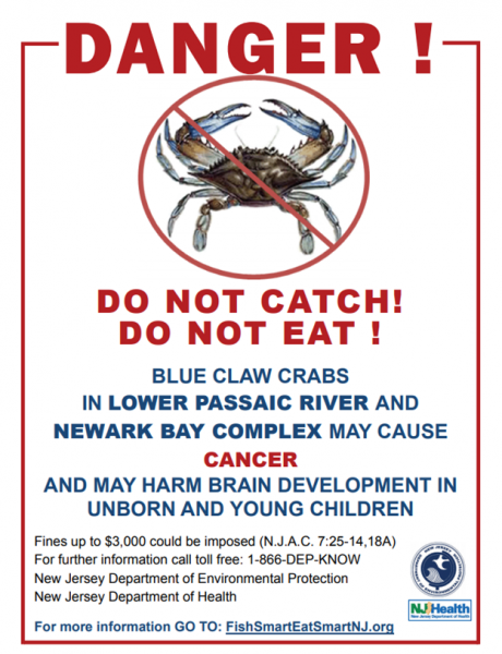 A sign reading "Danger, do not eat, do not catch blue crab ..."