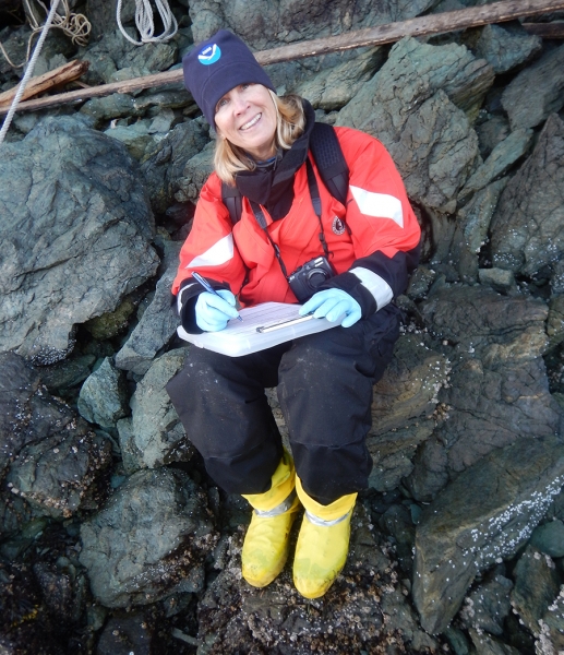 A woman sitting on a rocky shoreline holding a clipboard.