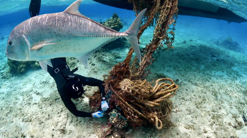 A diver reaching toward a large knot of fish netting.