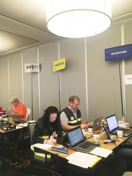 People on computers sitting at desk under signs that read "Safety," "Logistics," and "Situation."