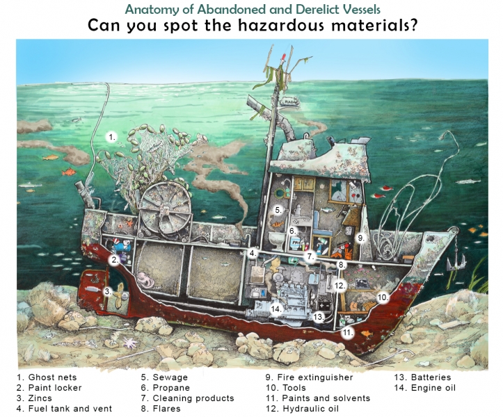 An illustration of a sunken vessel with a cutaway showing various items inside the vessel. The illustration is labeled "Anatomy of Abandoned and Derelict Vessels: Can you spot the hazardous materials?" with a numbered list corresponding to the illustration. The items include: 1. Ghost nets, 2. paint locker, 3. zincs, 4. fuel tank and vent, 5. sewage, 6. propane, 7. cleaning products, 8. flares, 9. fire extinguisher, 10. tools, 11. paints and solvents, 12. hydraulic fluid, 13. batteries, 14. engine oil