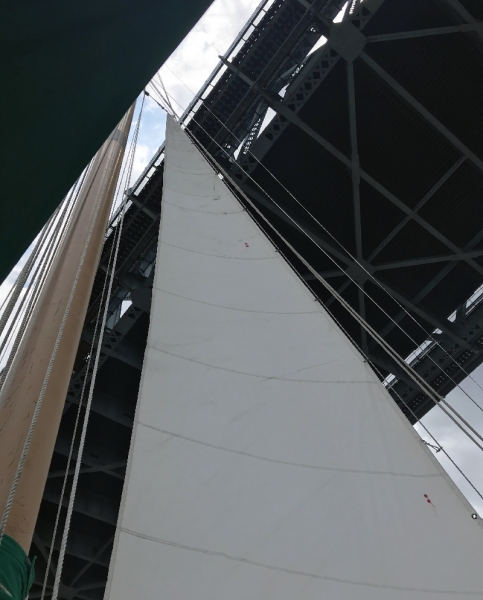 View of underside of bridge from a sailboat.