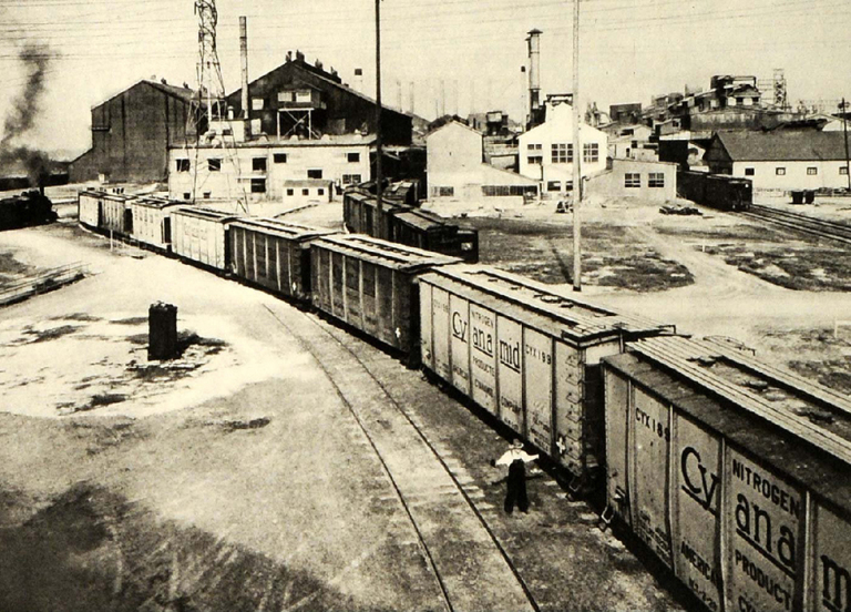 A black and white photo of a train with cars labeled "Cyanamid Company." 