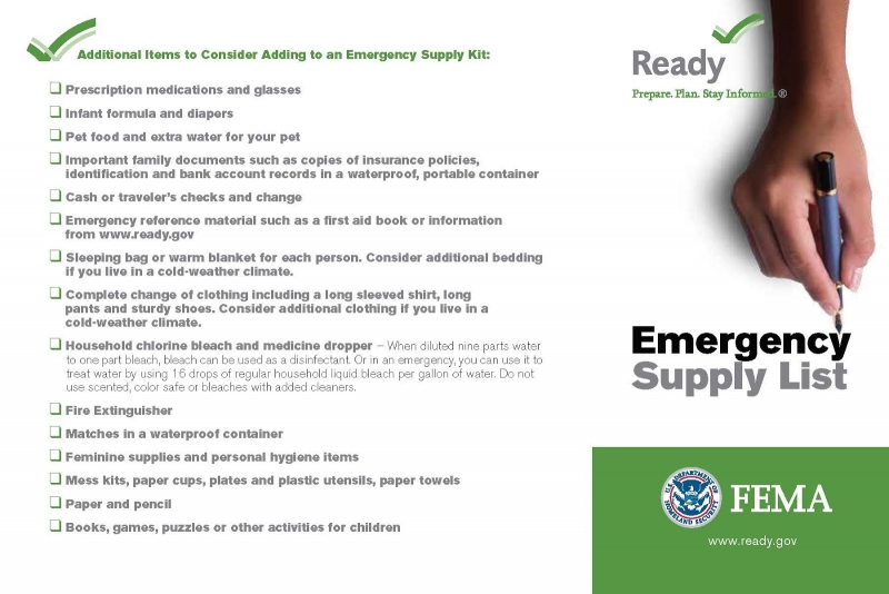 An emergency supply list.