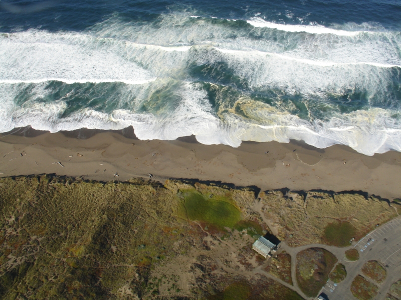 An aerial view of a shoreline.