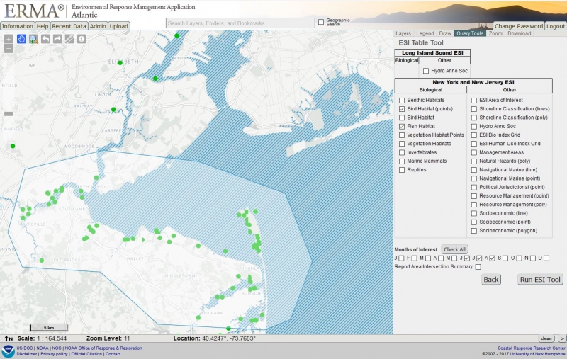 A screenshot of an ERMA map focused in on the New York Bight.