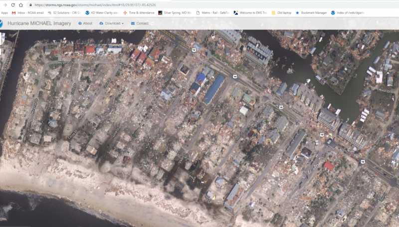 A satellite image a an area showing hurricane damage.