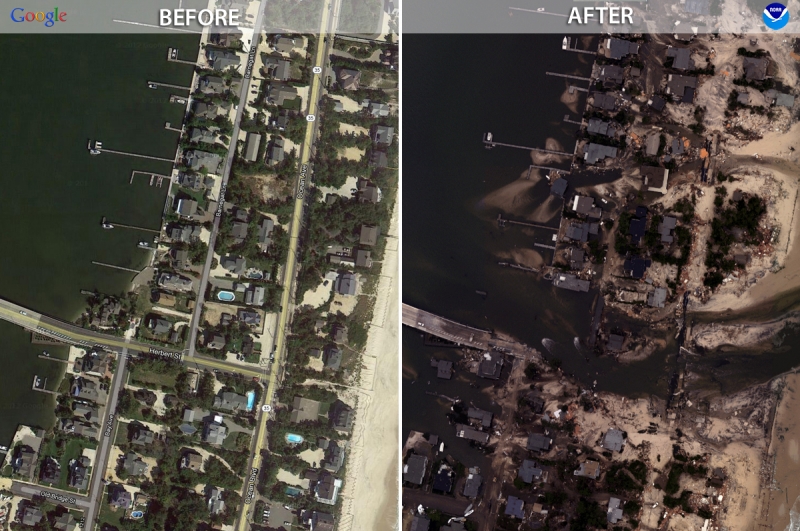 Two satellite images side by side showing "before" and "after" — with the after depicting flooded areas along the shoreline.