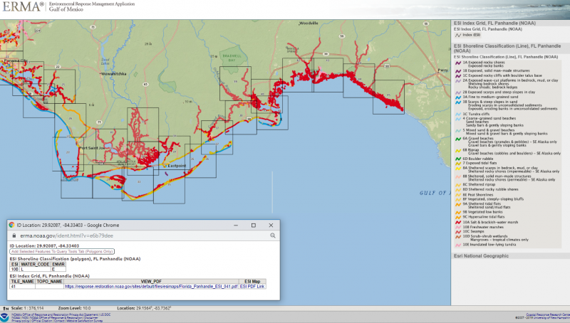 A mapping software depicts the Florida Pandhandle with areas on the shoreline highlighted in red.