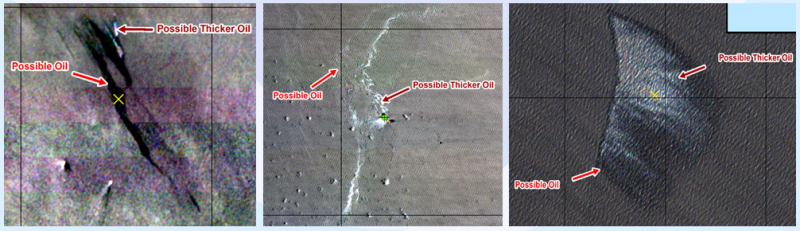 Three side-by-side black-and-white satellite images depicting areas of "possible oil." 