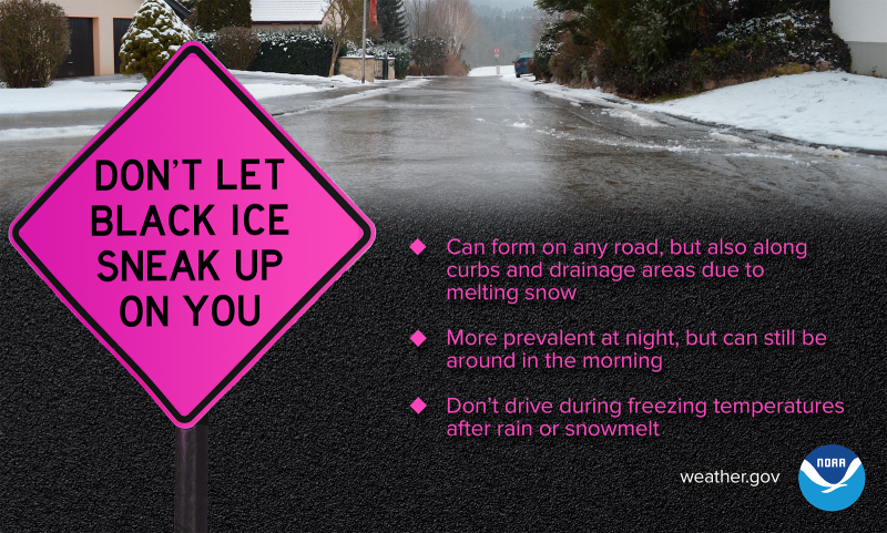 A road sign that reads "Don't let black ice sneak up on you."