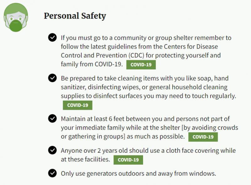 A "Personal Safety" bullet list advising people to: follow CDC guidelines for COVID-19 if you have to go to a hurricane shelter, include cleaning items in supply planning, and maintain social distancing.