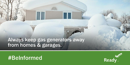 A house covered in snow with text reading "Keep gas generators away from homes and garages."