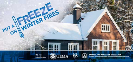 A picture of a house with snow on it that reads "Put a freeze on winter fires."