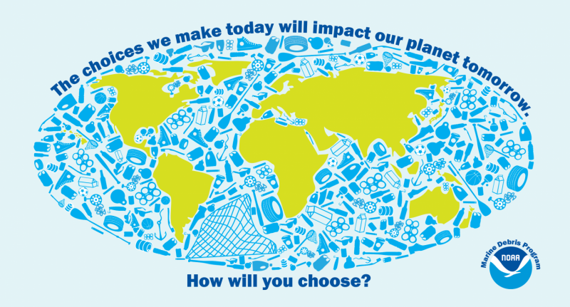 A graphic of the Earth with an ocean made from a variety of household items, plastics, and other debris. The image reads: "The choices we make today will impact our planet tomorrow. How will you choose?"