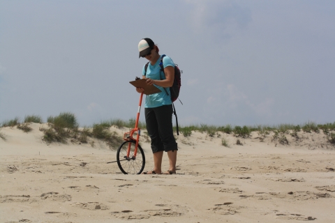 A woman on a beach holding a clipboard and a wheeled-instrument. 