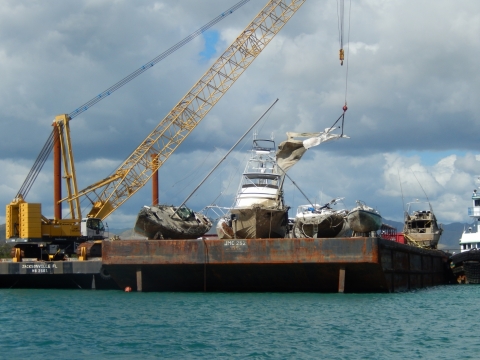 A crane barge where vessels are stored. 