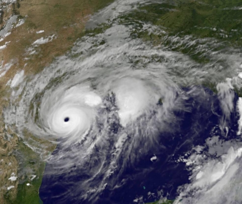 A satellite image depicting a hurricane over Texas. 