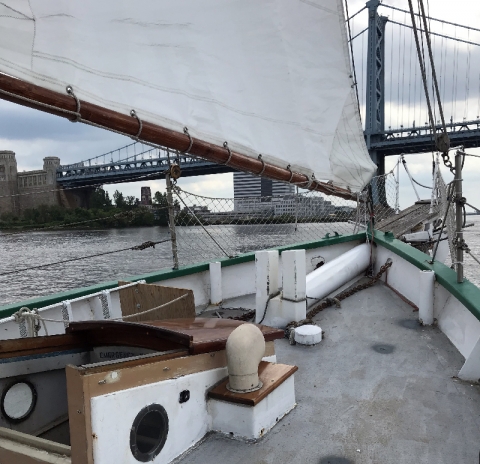 View of the Ben Franklin Bridge from the bow of the boat.