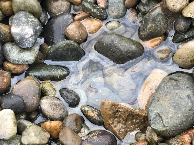 A close up of oiled water and rocks. 