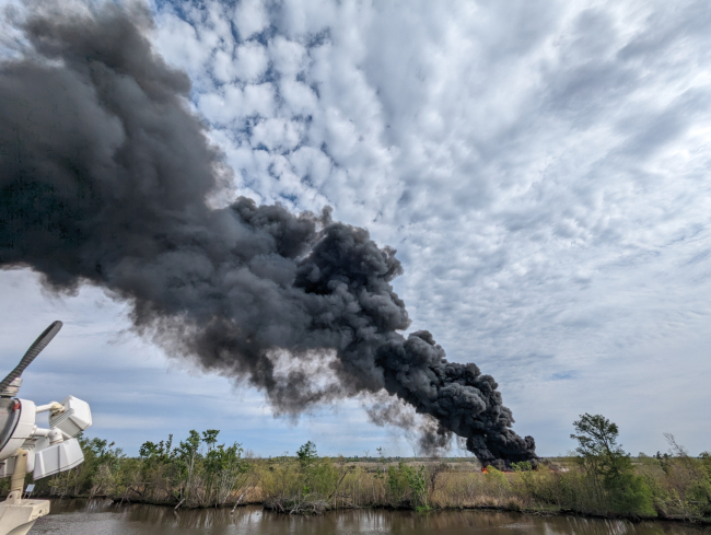 Large black smoke plume observed in the background of a marshland landscape.