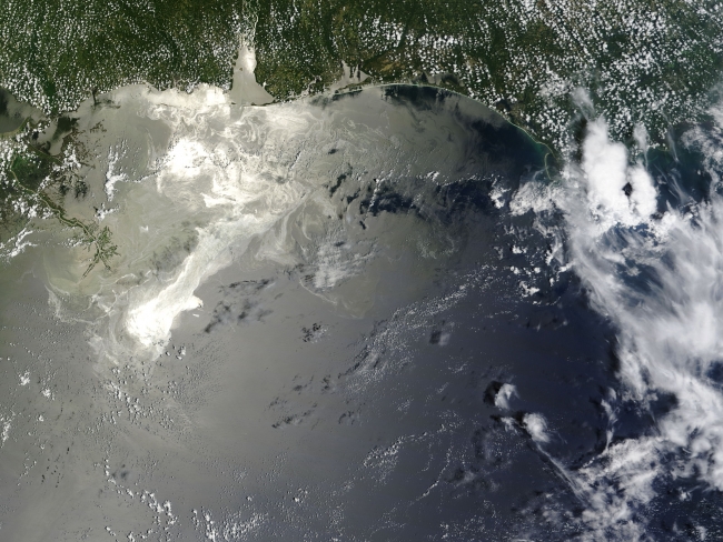 A satellite image of an oil spill in the Gulf of Mexico. 