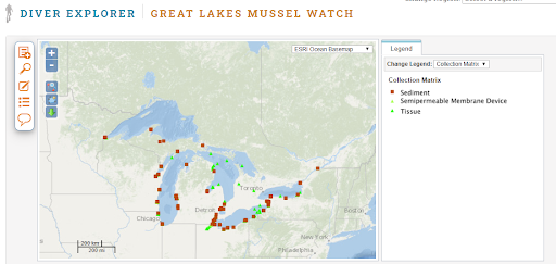 A screenshot of a DIVER Explorer page on "Great Lakes Mussel Watch" with a map of the Great Lakes with various dots around the shorelines. 