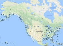 A map of the U.S. indicating past oil spills. 
