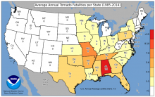 A map of the U.S. showing average tornadoes per region.
