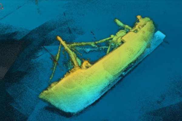 A sonar image of a sunken vessel.