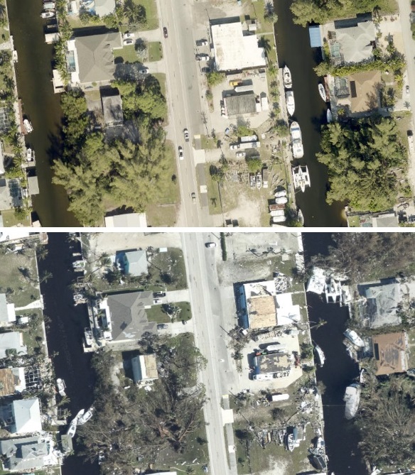 A map image of before and after Hurricane Ian.
