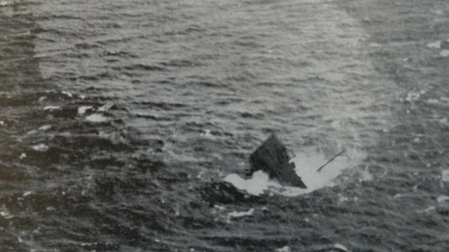 A black and white photo of a sunken vessel.