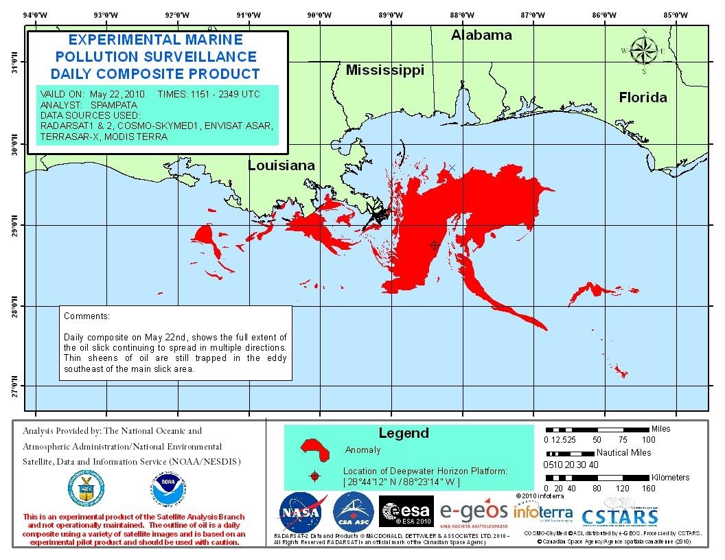 A map of the Gulf of Mexico with a red mass off the Louisiana coast. The map is labeled "Experimental Marine Pollution Surveillance Daily Composite Product." 