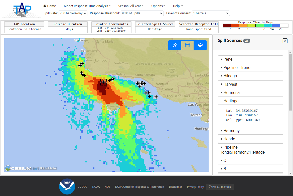 Screen capture: WebTAP showing the "Response Time Analysis" for a spill originating from the Heritage Platform in Southern California. Darker colors represent shorter time periods before oil would be present over a certain threshold.