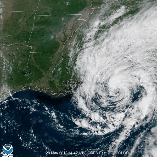 An animated satellite GIF of a hurricane approaching the southeastern U.S.