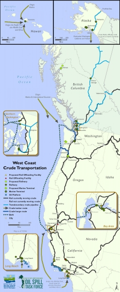 A map of the West Coast with crude transportation routes outlined. 