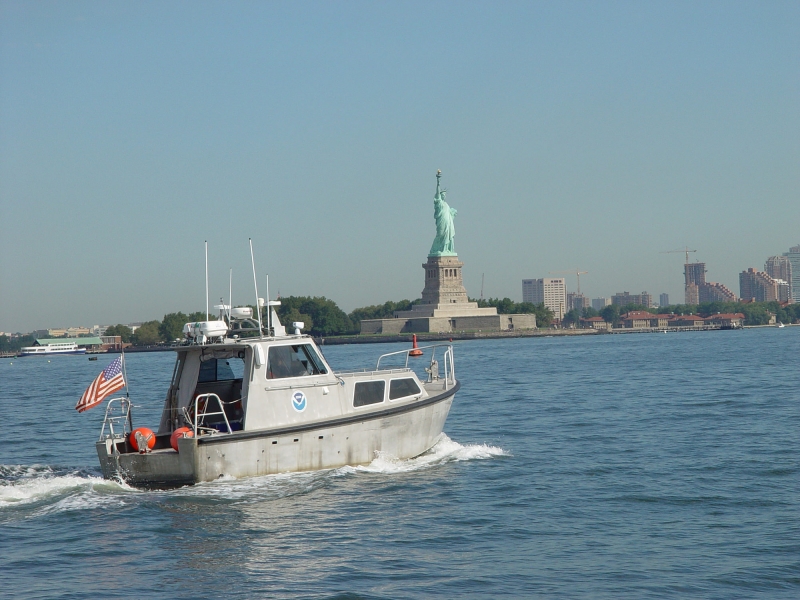 A boat on a river with the Statue of Liberty in the background.