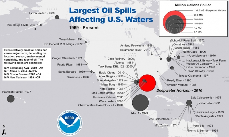 An infographic depicting the "Largest Oil Spills Affecting U.S. Waters."