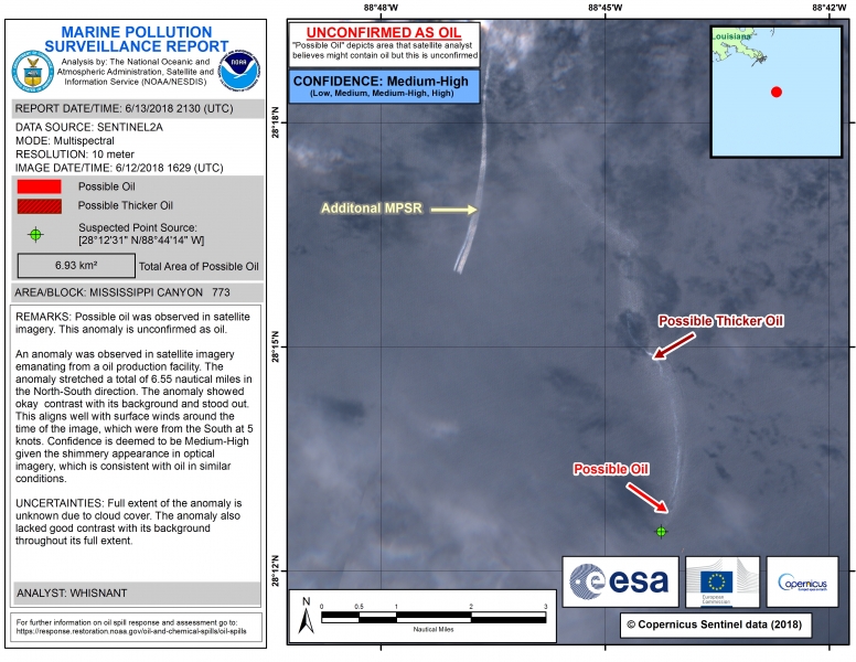 An image of a Marine Pollution Surveillance Report, with text on the lefts side and a satellite image on the right with points labeled as "Possible Thicker Oil," and "Possible Oil." 