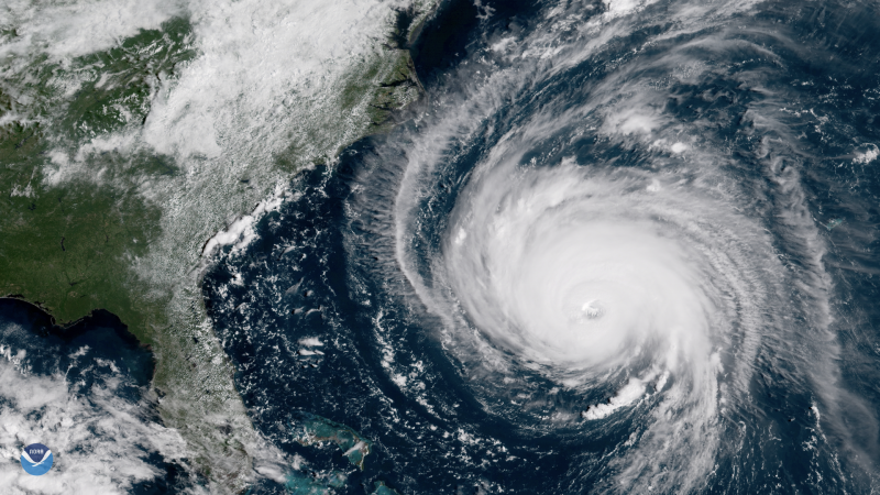 A satellite image of a hurricane approaching the southeastern United States.