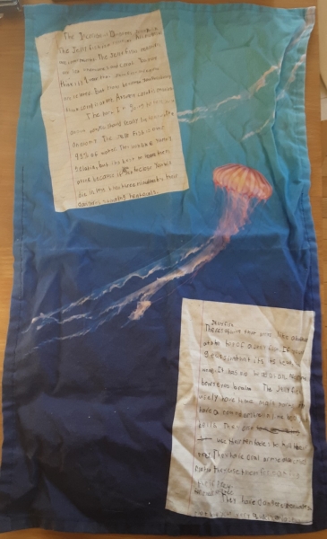 A towel with a jellyfish and two sheets of handwritten paper on it. 