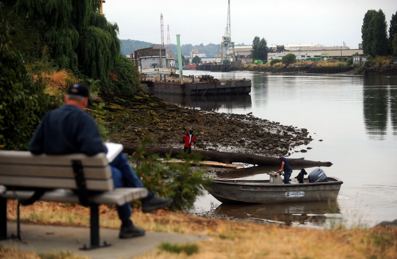 A shoreline with boat activity. 