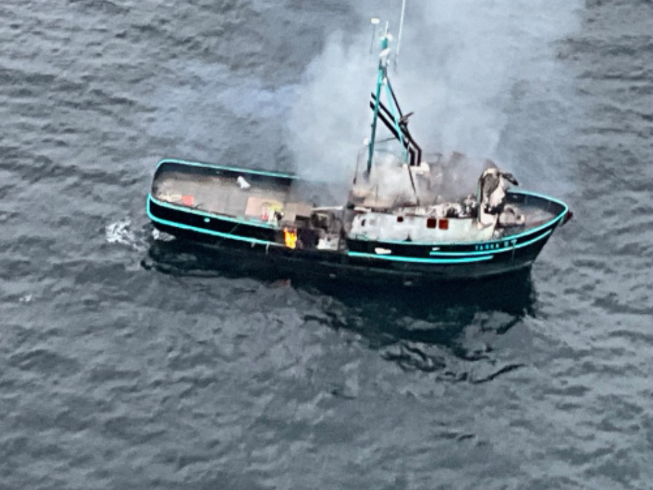 Commercial crabbing vessel with fire onboard.